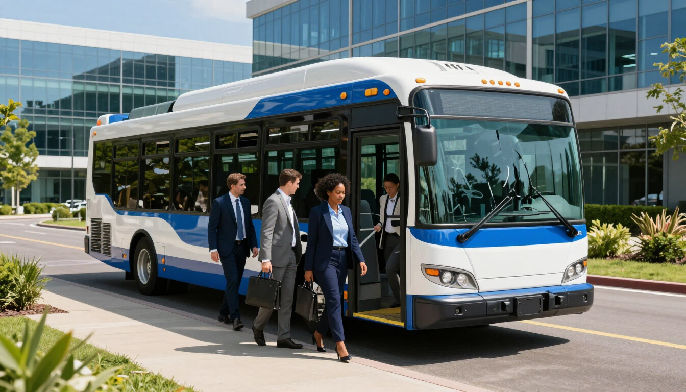 Modern shuttle bus service for corporate employees on a campus.