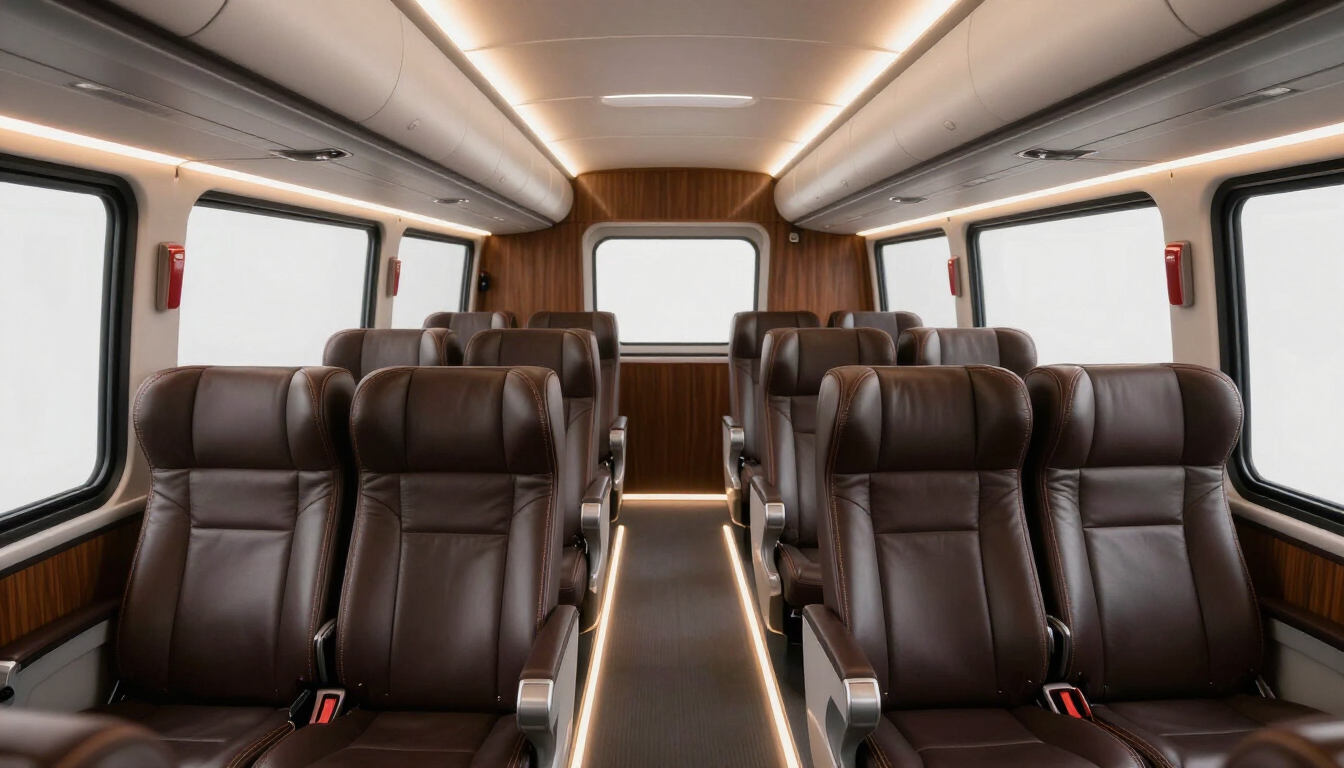 Interior of a luxury corporate shuttle with comfortable seating