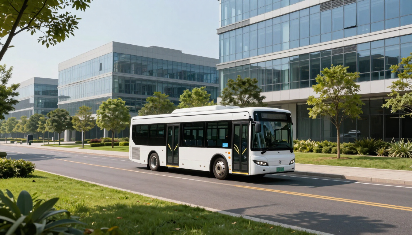 Corporate shuttle circulating on a large campus