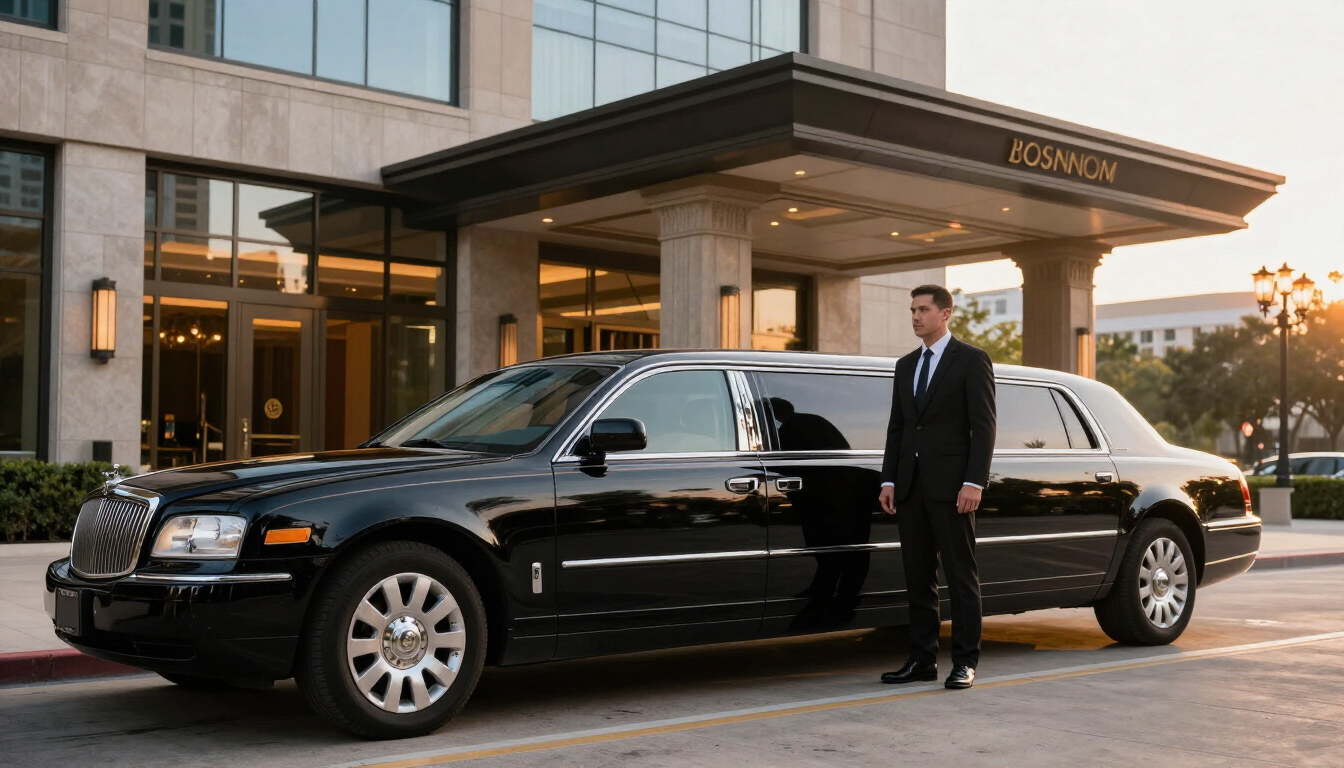 Luxury limousine and chauffeur outside a Houston hotel