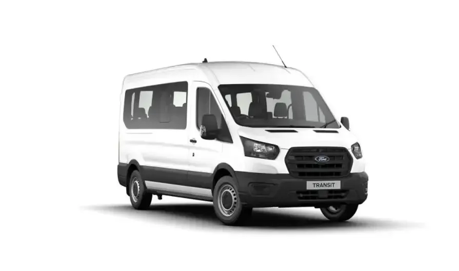 White Ford Transit van. Front view. Black accents.