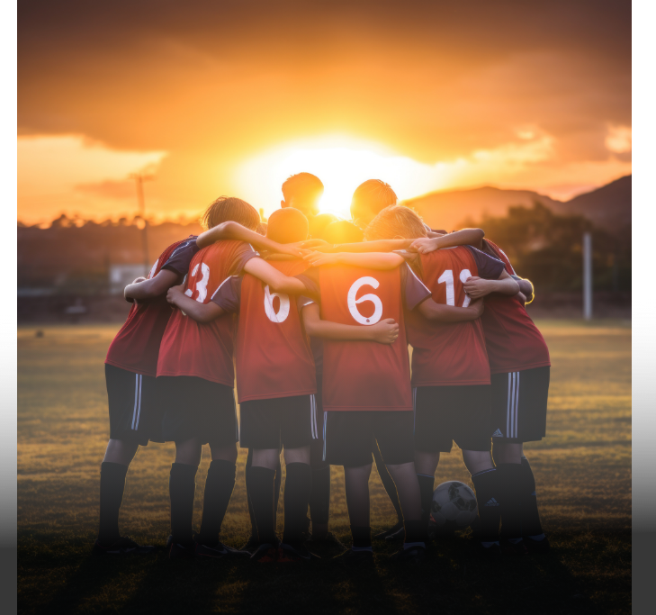 Soccer team huddles together, arms around each other, with the setting sun behind them.