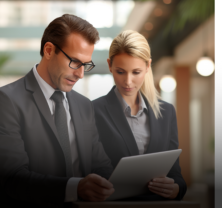 Man and woman in business suits looking at a tablet, indoors.