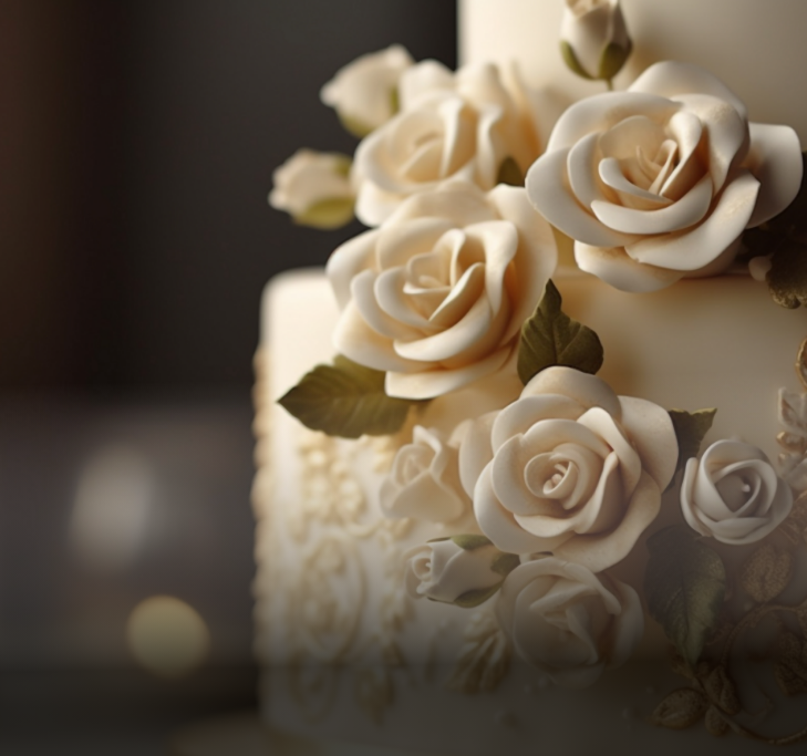 Close-up of a white wedding cake adorned with sugar roses, leaves, and ornate gold scrollwork.