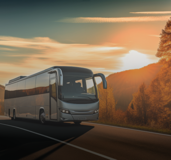 Silver bus driving on a road with a scenic sunset backdrop.