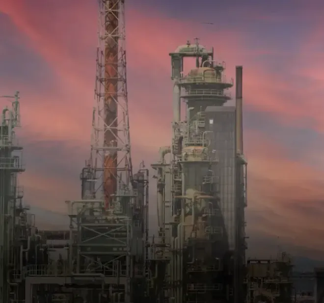 Oil refinery with tall smokestacks and pipes against a reddish-orange sunset.