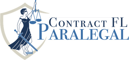 The logo for contract fl paralegal shows a woman holding scales of justice.