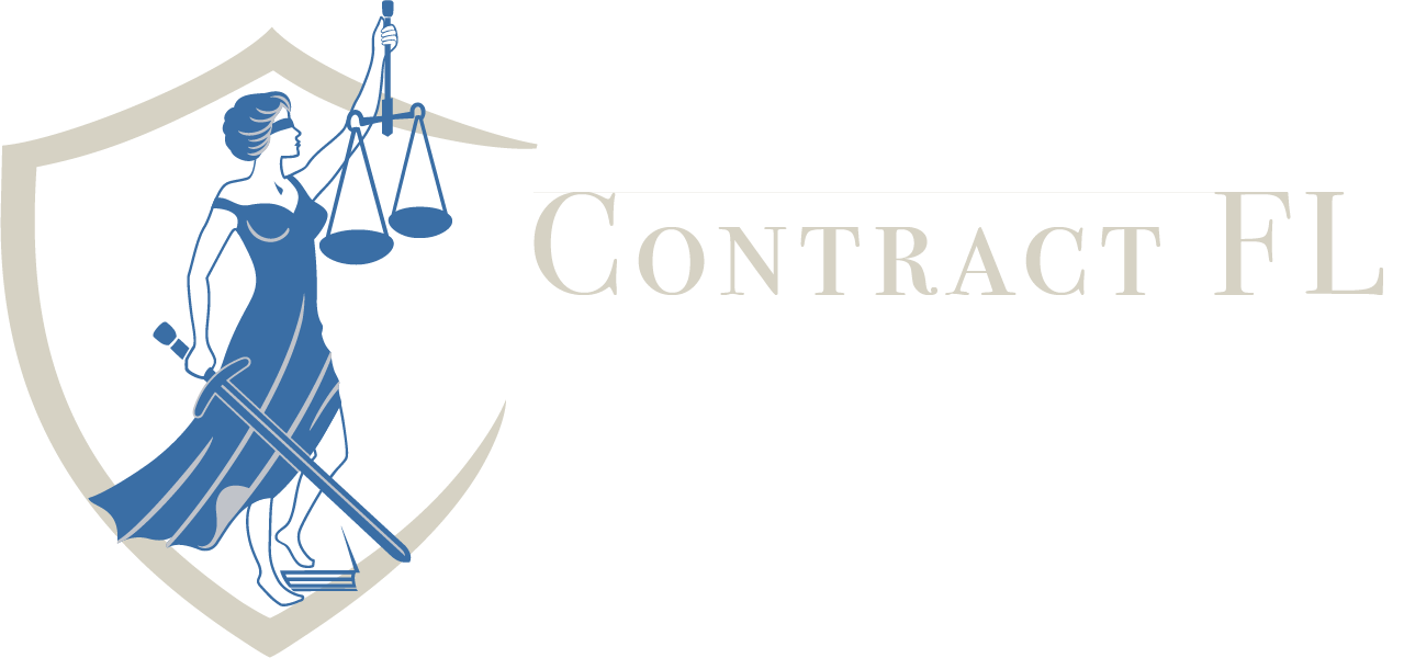 The logo for contract fl paralegal shows a woman holding scales of justice.