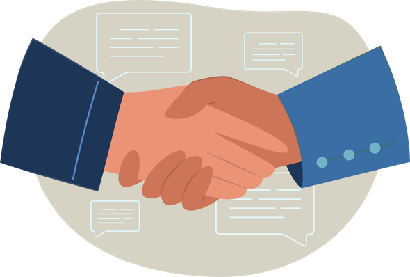 Two people are shaking hands in front of speech bubbles.