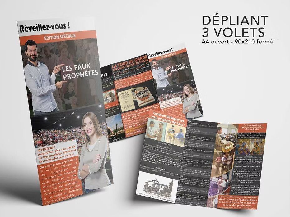 Une brochure avec un homme et une femme dessus est posée sur une table.