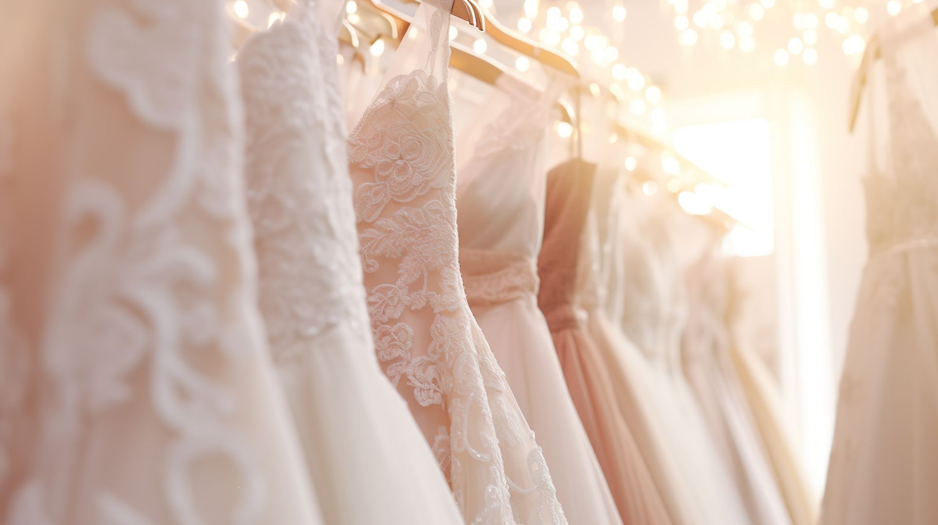 White and blush wedding dresses hanging on a rack in soft, warm light