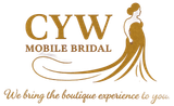 CYW Mobile Bridal logo in gold with stylized bride silhouette and slogan, “We bring the boutique experience to you.”