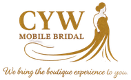 CYW Mobile Bridal logo in gold with stylized bride silhouette and slogan, “We bring the boutique experience to you.”
