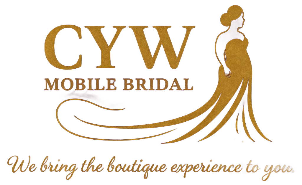 CYW Mobile Bridal logo in gold with a stylized bride silhouette and the tagline “We bring the boutique experience to you.”