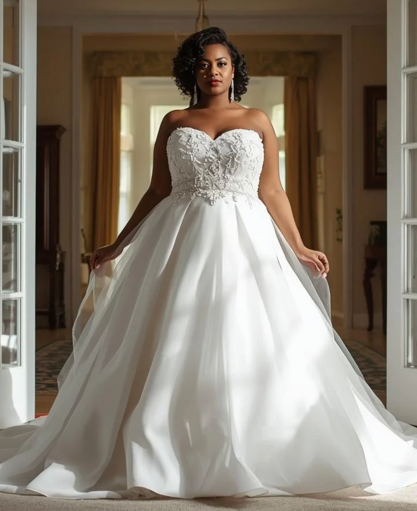 Woman in a strapless white wedding gown standing in a doorway, holding the skirt out.