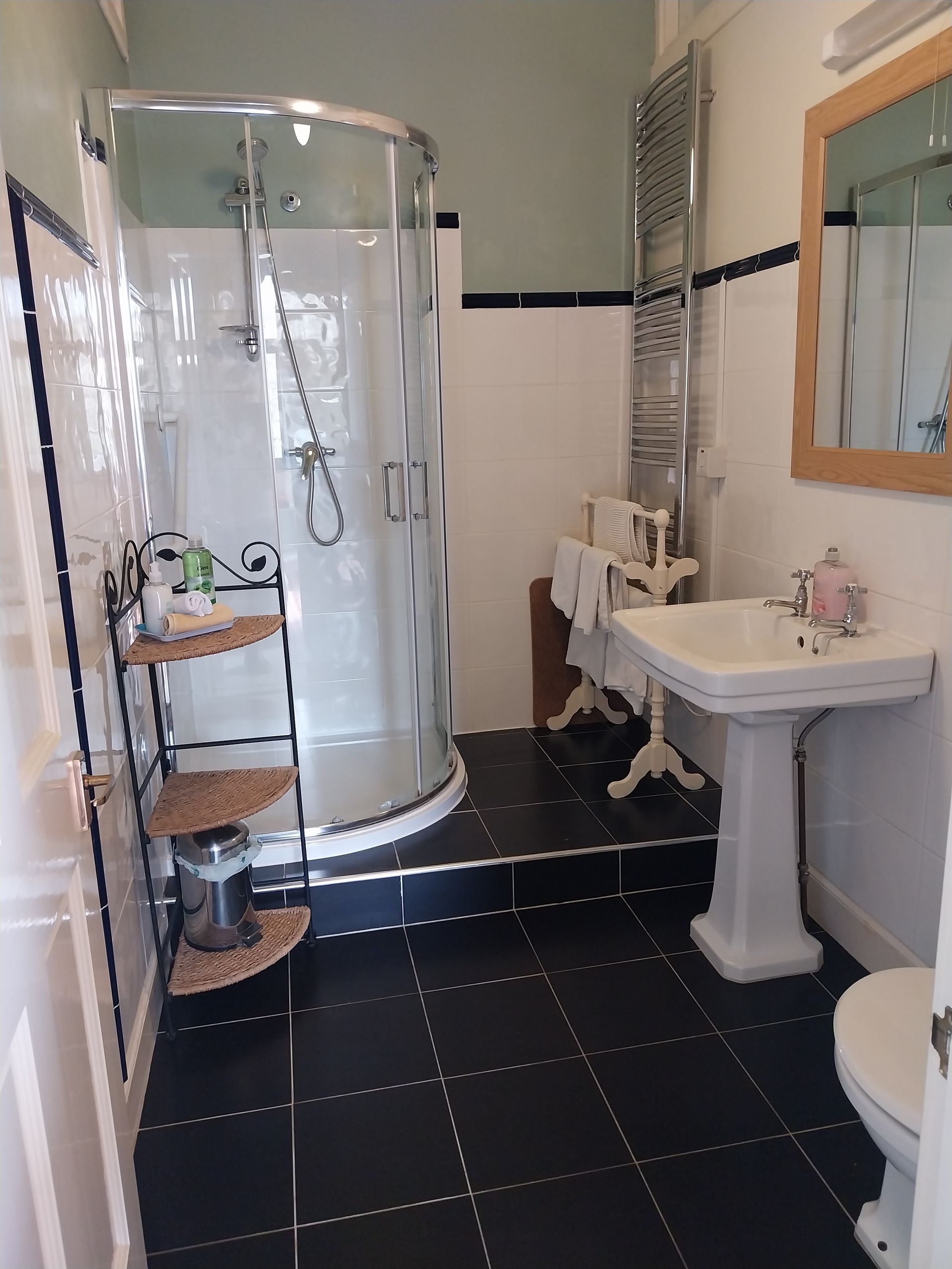 A bathroom featuring a corner shower enclosure, a pedestal sink, a towel rack, and black tiled flooring with white spots.