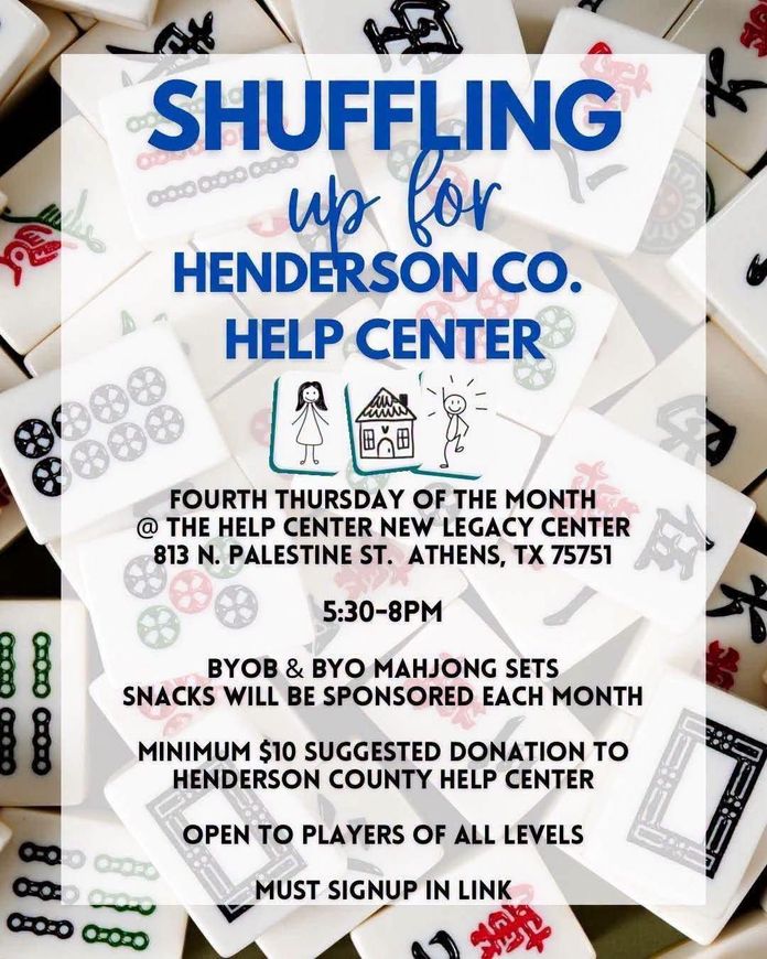 Shuffling up for Henderson Co. Help Center event flyer with cards, mahjong, and charity details