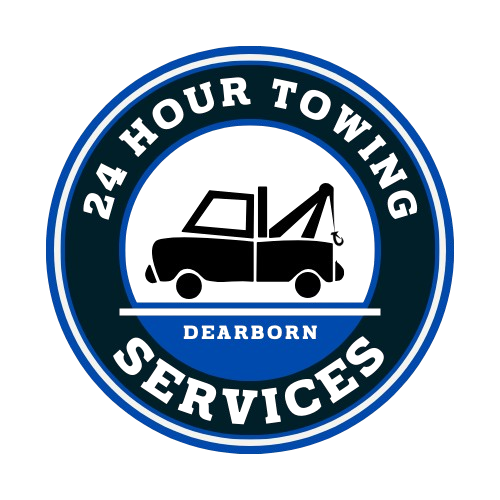 A logo for 24 hour towing services in dearborn