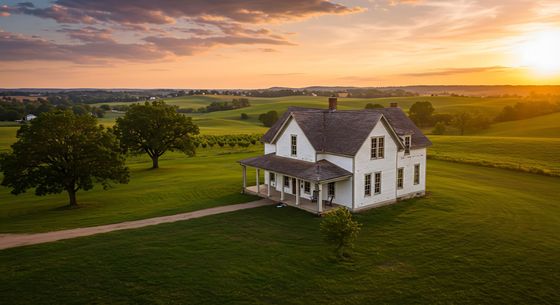 White farmhouse on green fields at sunset, with a winding dirt path and glowing orange sky.
