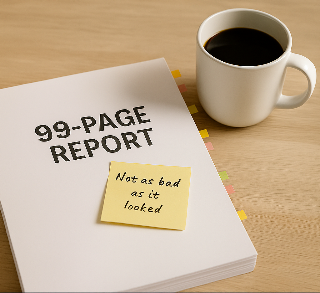 A 99-page report with a sticky note saying 