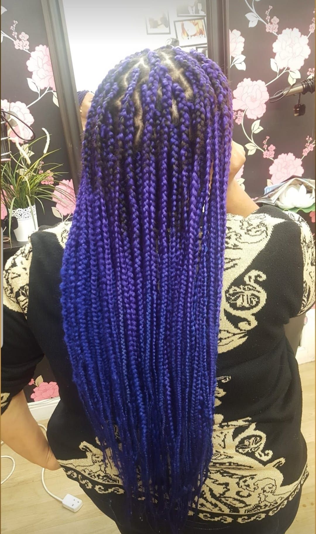 Person with long blue braided hair seated indoors against floral wallpaper.