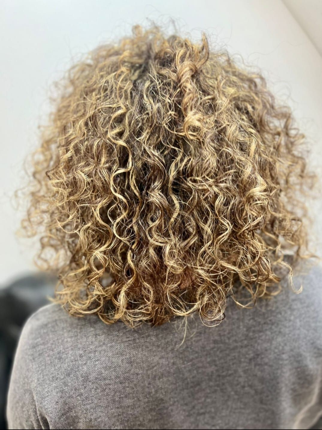 Curly blonde hair with brown lowlights seen from the back on a gray top, against a plain wall
