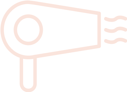 Outline of a hair dryer with warm air lines, light pink on white background