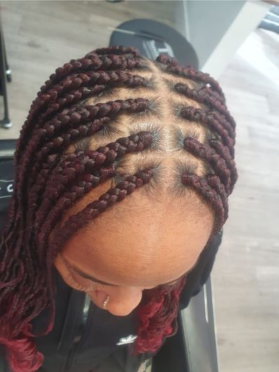 Top view of neatly braided burgundy and black hair with a center part on a person’s head