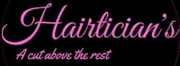 Pink script logo reading &ldquo;Hairician&rsquo;s&rdquo; with the tagline &ldquo;A cut above the rest&rdquo; on a black background