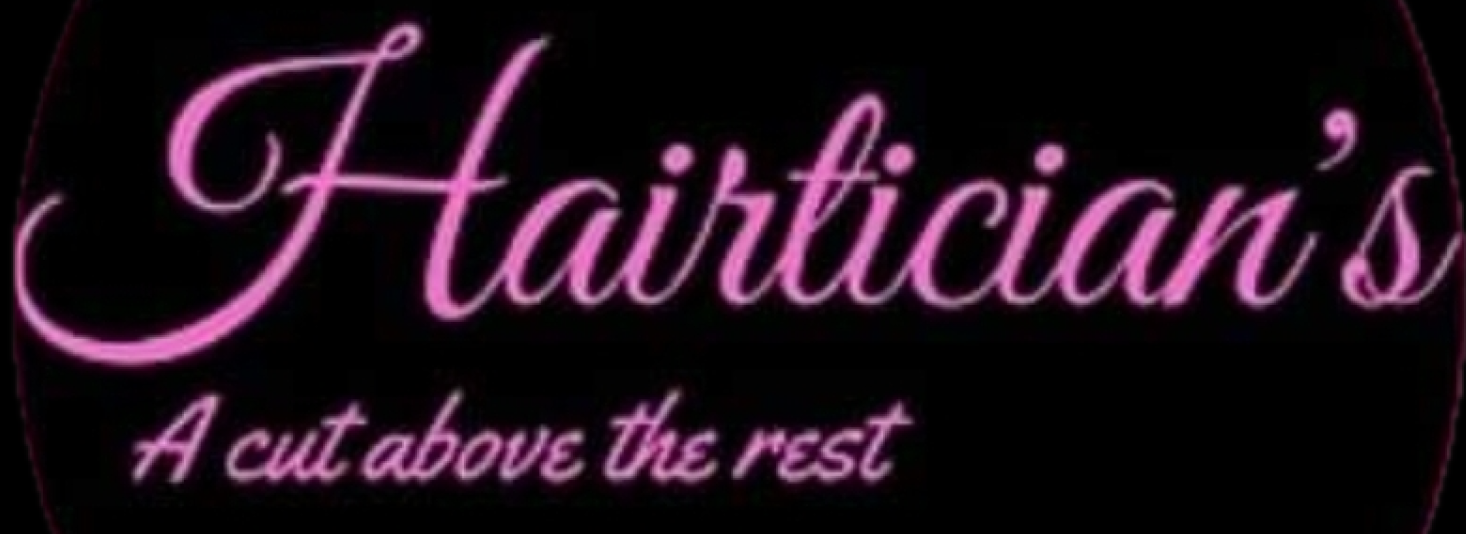 Pink script logo reading &ldquo;Hairician&rsquo;s&rdquo; with the tagline &ldquo;A cut above the rest&rdquo; on a black background