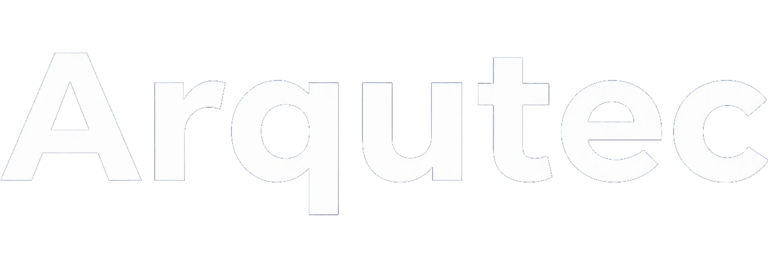 Texto “Arqutec” en relieve blanco sobre fondo claro