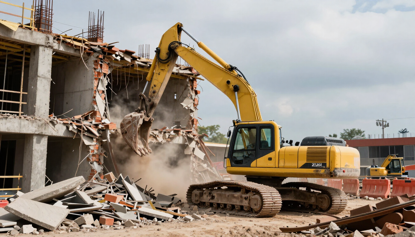 Excavadora amarilla demoliendo un edificio, con escombros y polvo en una obra de construcción.