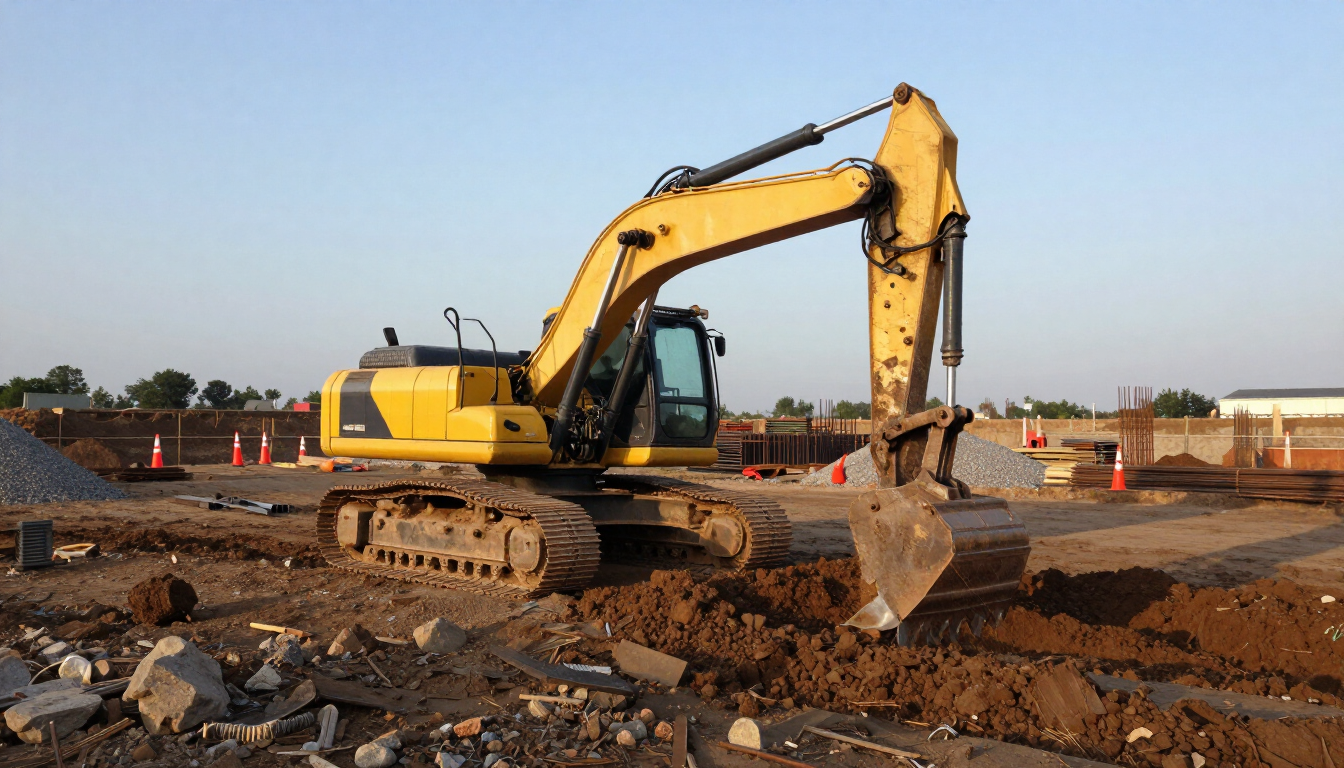 Excavadora amarilla trabajando en un terreno de construcción al atardecer.
