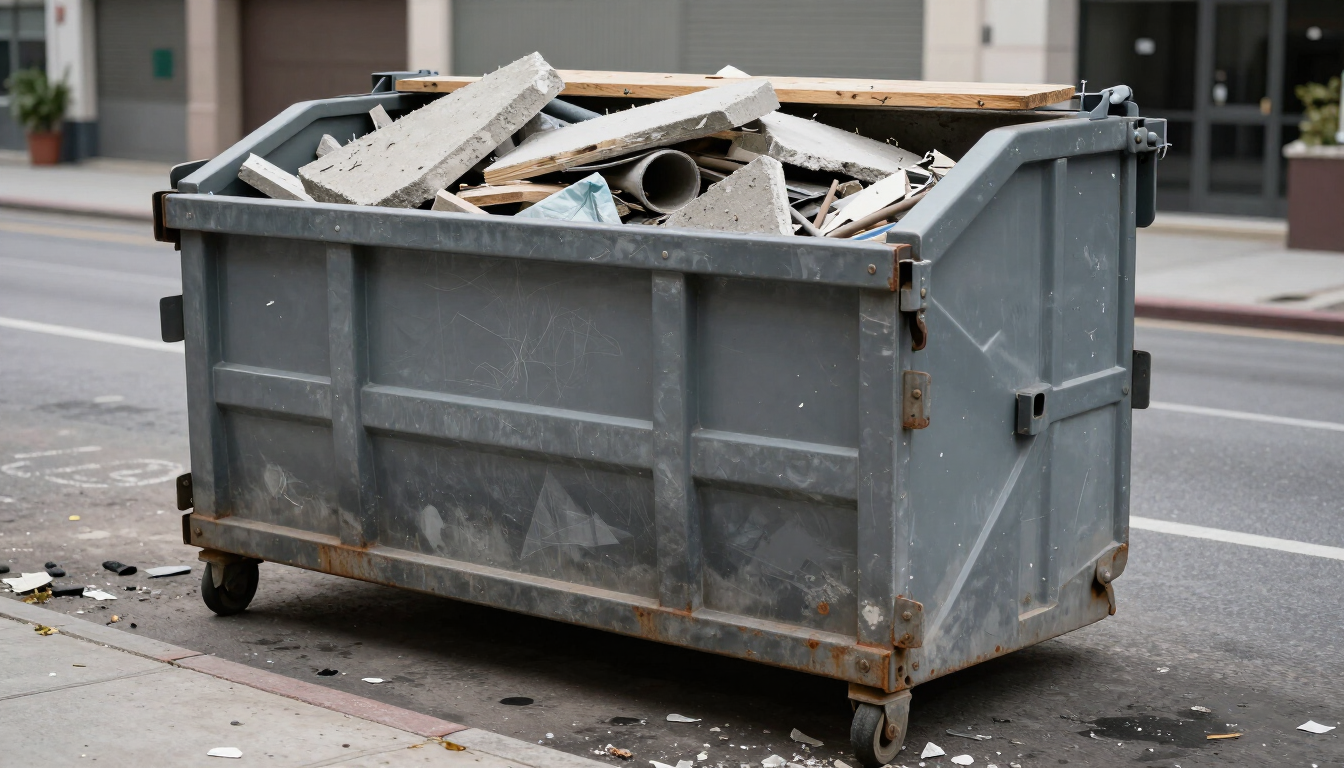 Un contenedor gris lleno de madera rota y escombros en una calle de la ciudad.