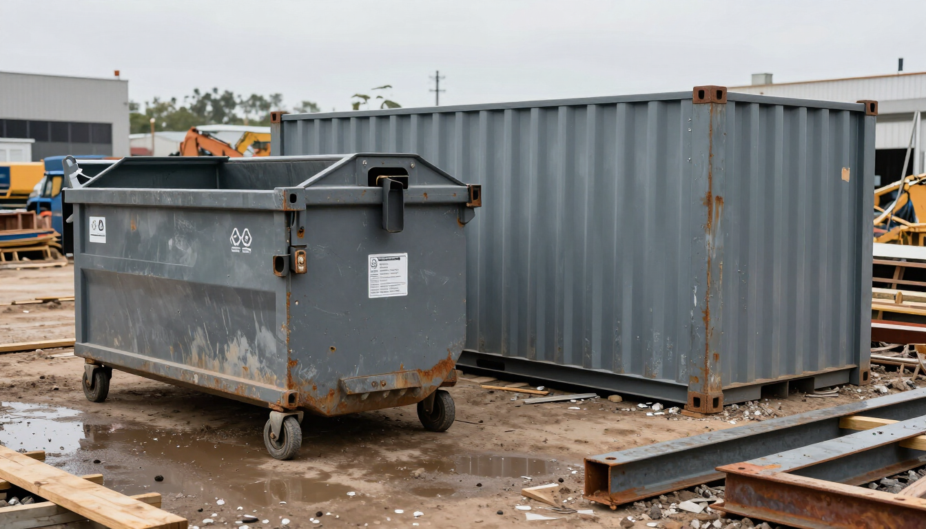 Contenedor de basura gris y contenedor de transporte en un patio de construcción embarrado.