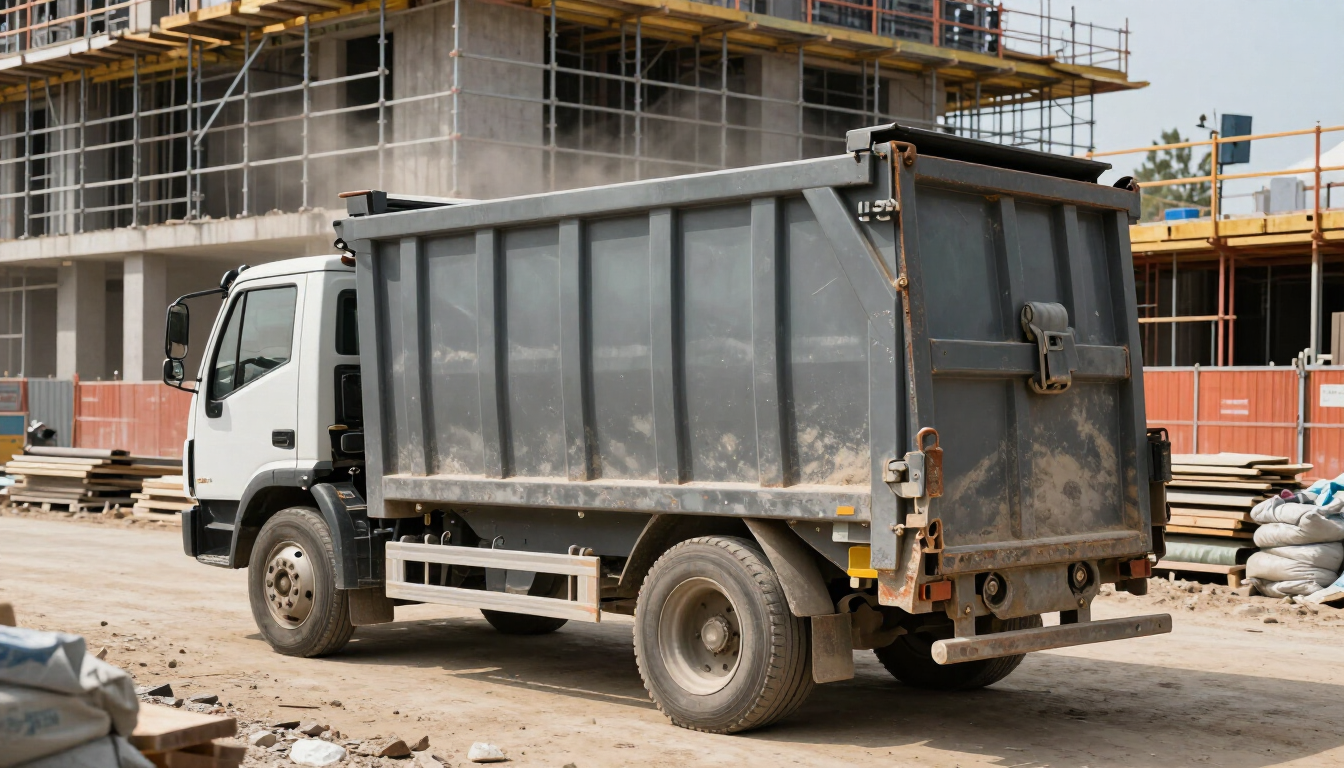 Camión volquete blanco en una obra de construcción con andamios y materiales de construcción a su alrededor.