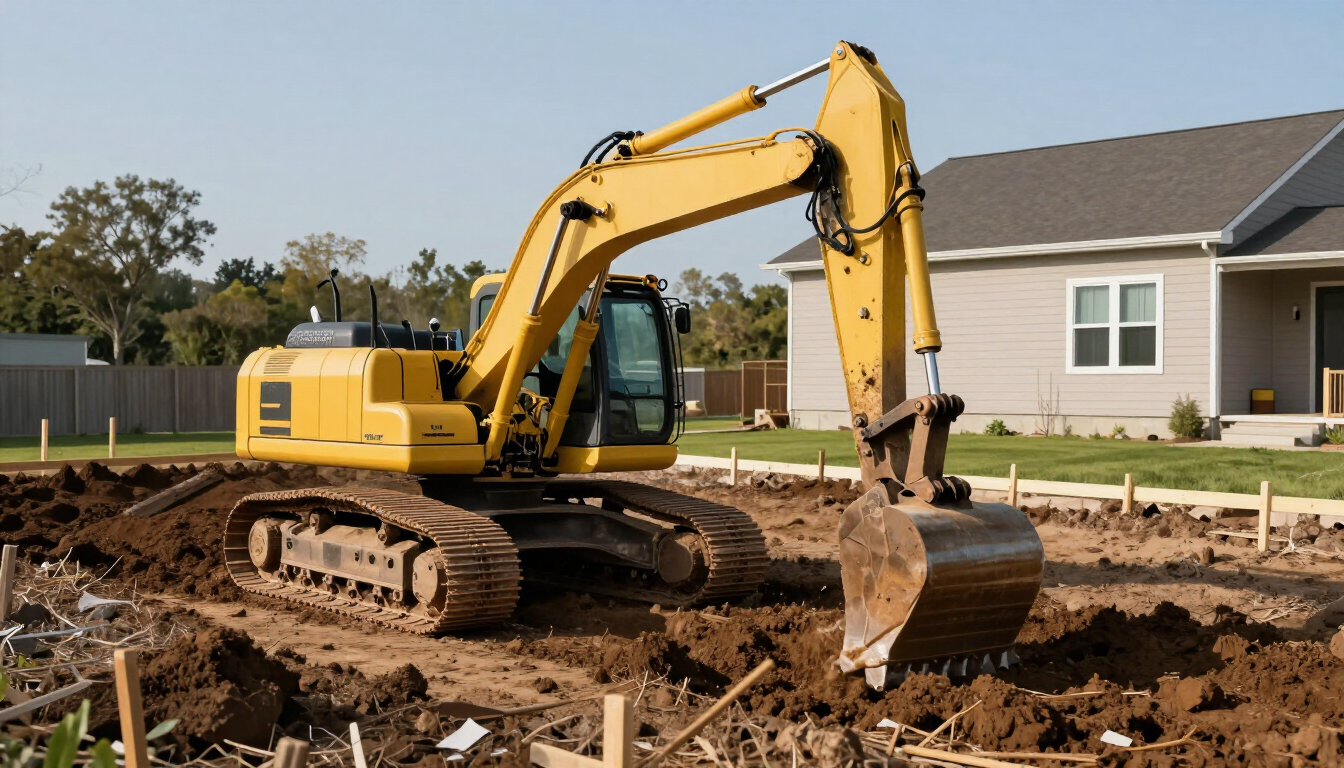 Excavadora amarilla cavando en un terreno fangoso junto a una casa.
