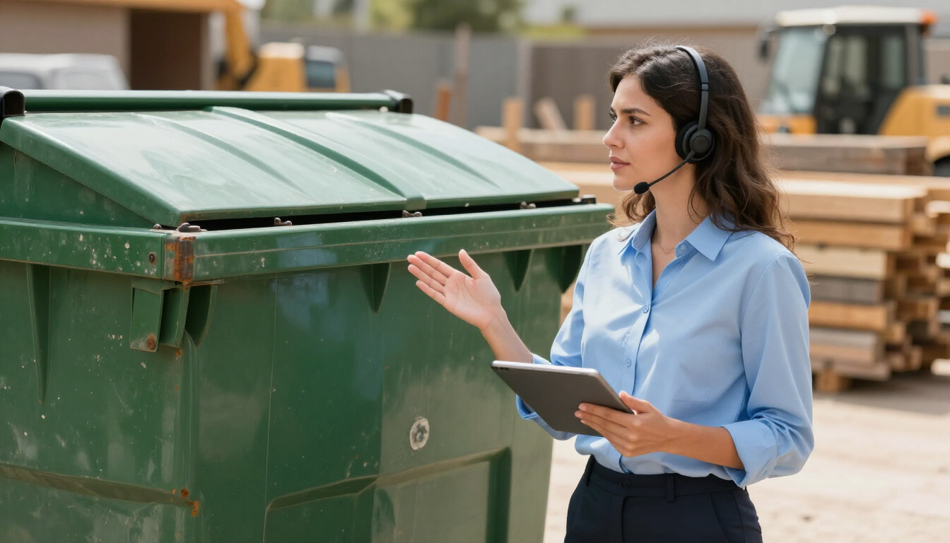 Mujer con auriculares y tableta inspeccionando un contenedor de basura verde en un patio industrial.