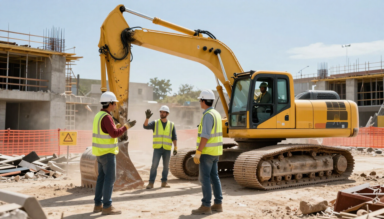 Obreros de la construcción con cascos de seguridad junto a una excavadora amarilla en una obra.