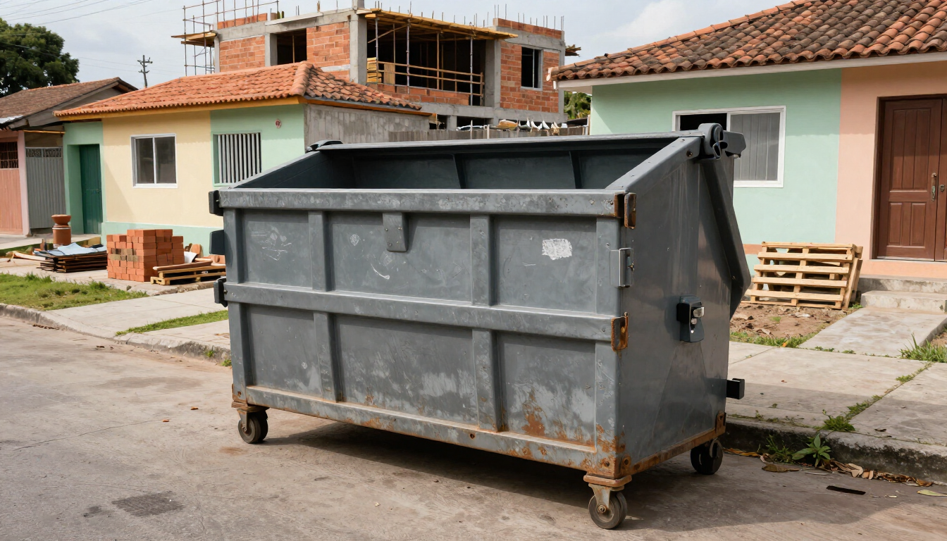Contenedor de basura gris en una calle residencial frente a casas en construcción.