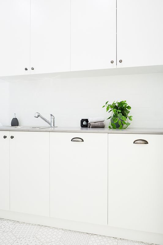 A kitchen with white cabinets , a sink , and a potted plant on the counter.