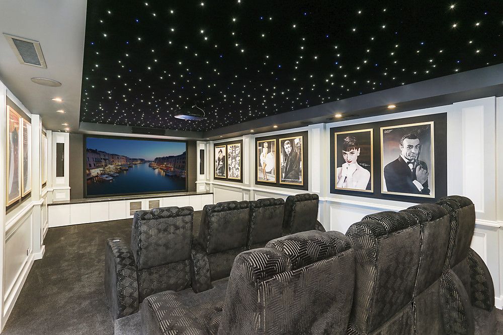 A home theater with a flat screen tv and pictures on the wall
