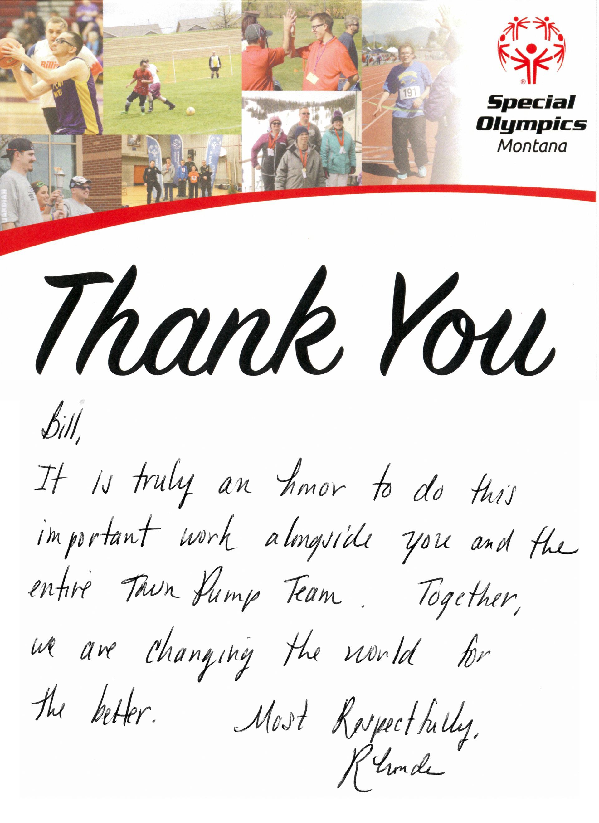 Special Olympics Montana Thank you Note