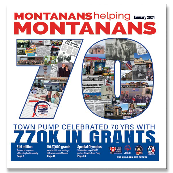 Cover of Town Pump Charitable Foundation Year In Review for 2023. Montanans Helping Montanans January 2024