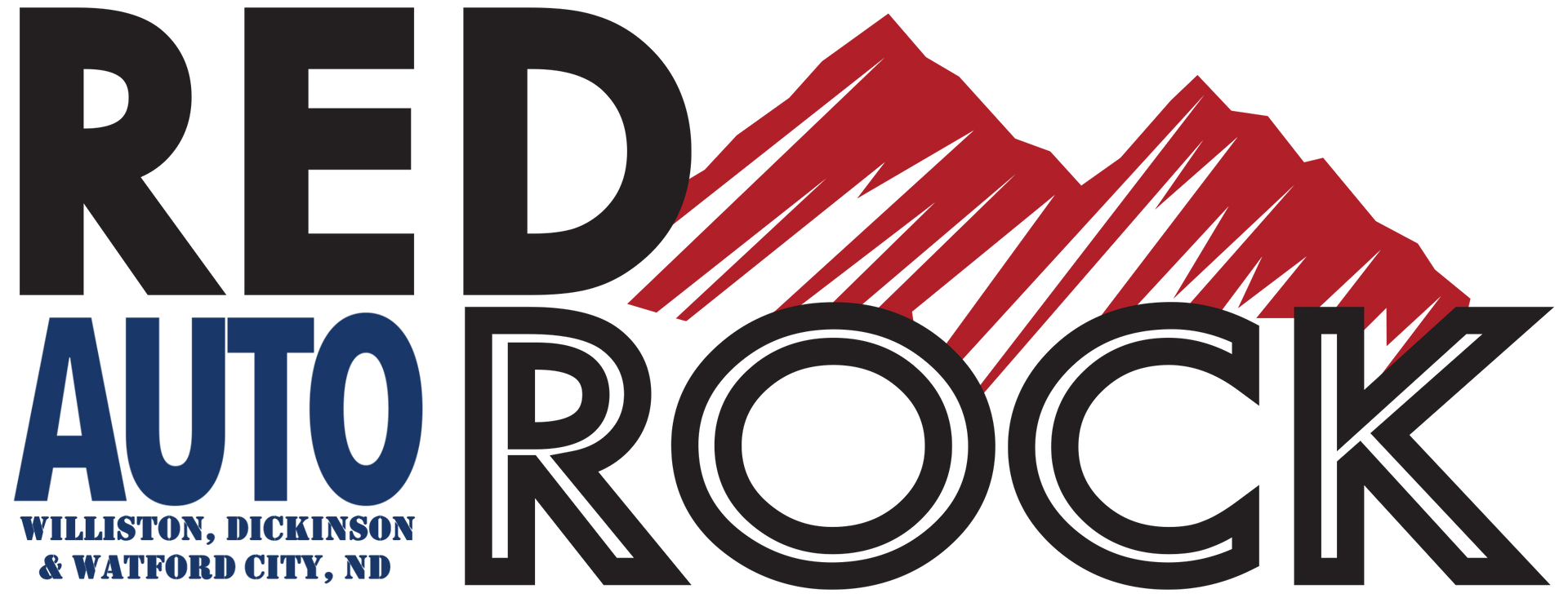Logo for Red Rock Auto in Williston, Dickinson, and Watford City, ND, featuring red stylized mountain peaks.