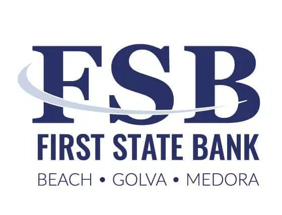 Logo for First State Bank in dark blue, with a gray swoosh behind the letters FSB and branch locations listed below.