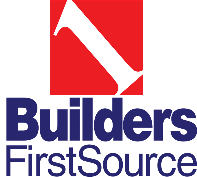 Logo for Builders FirstSource featuring a red square with a white diagonal slash next to dark blue text.
