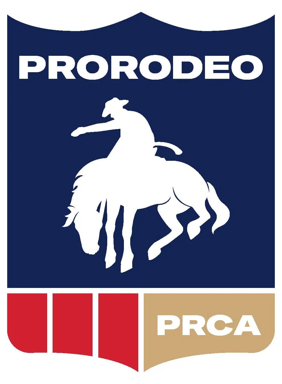 ProRodeo logo: A white silhouette of a bucking horse and rider on a dark blue shield, with red stripes and “PRCA” text.