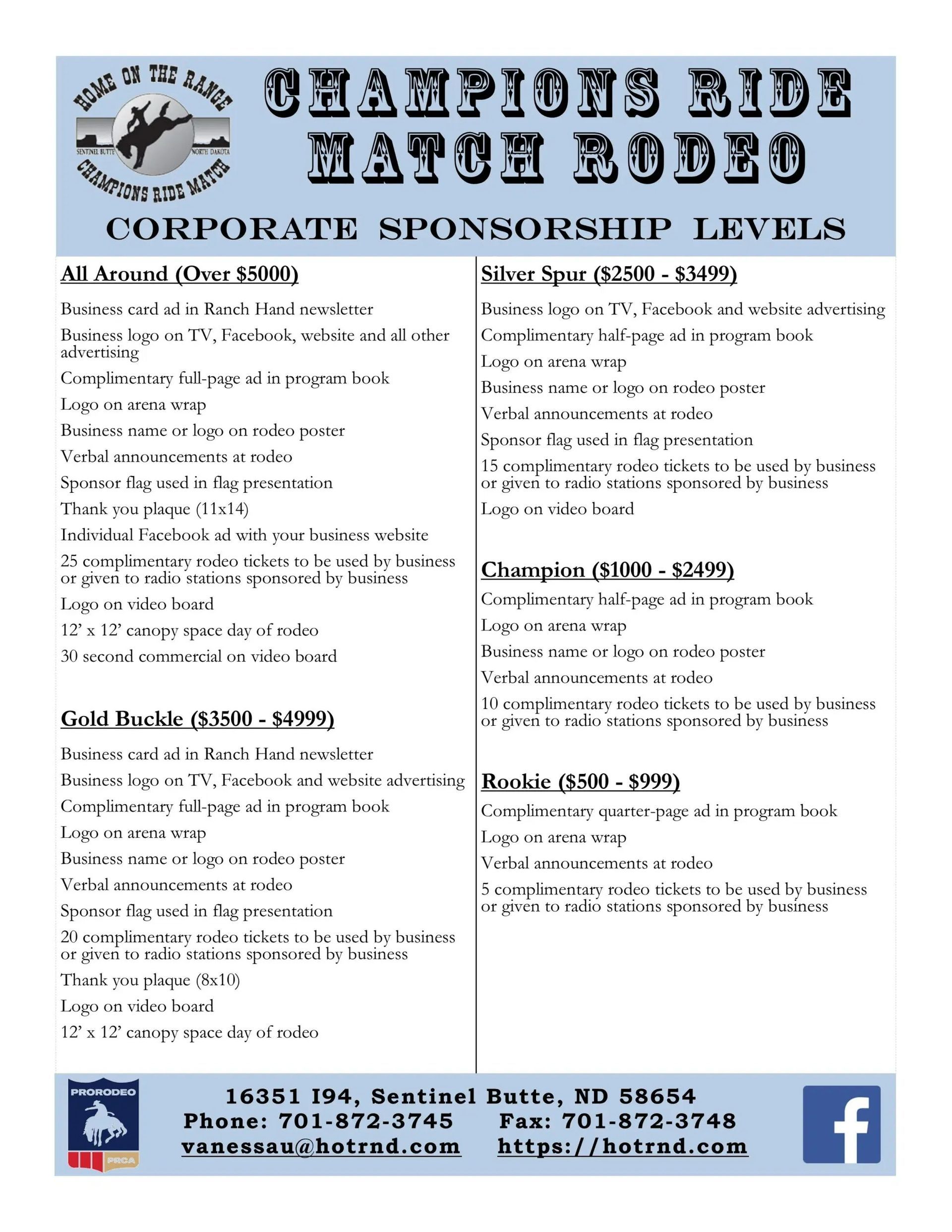Champions Ride Match Rodeo corporate sponsorship levels document with tier details and contact information.