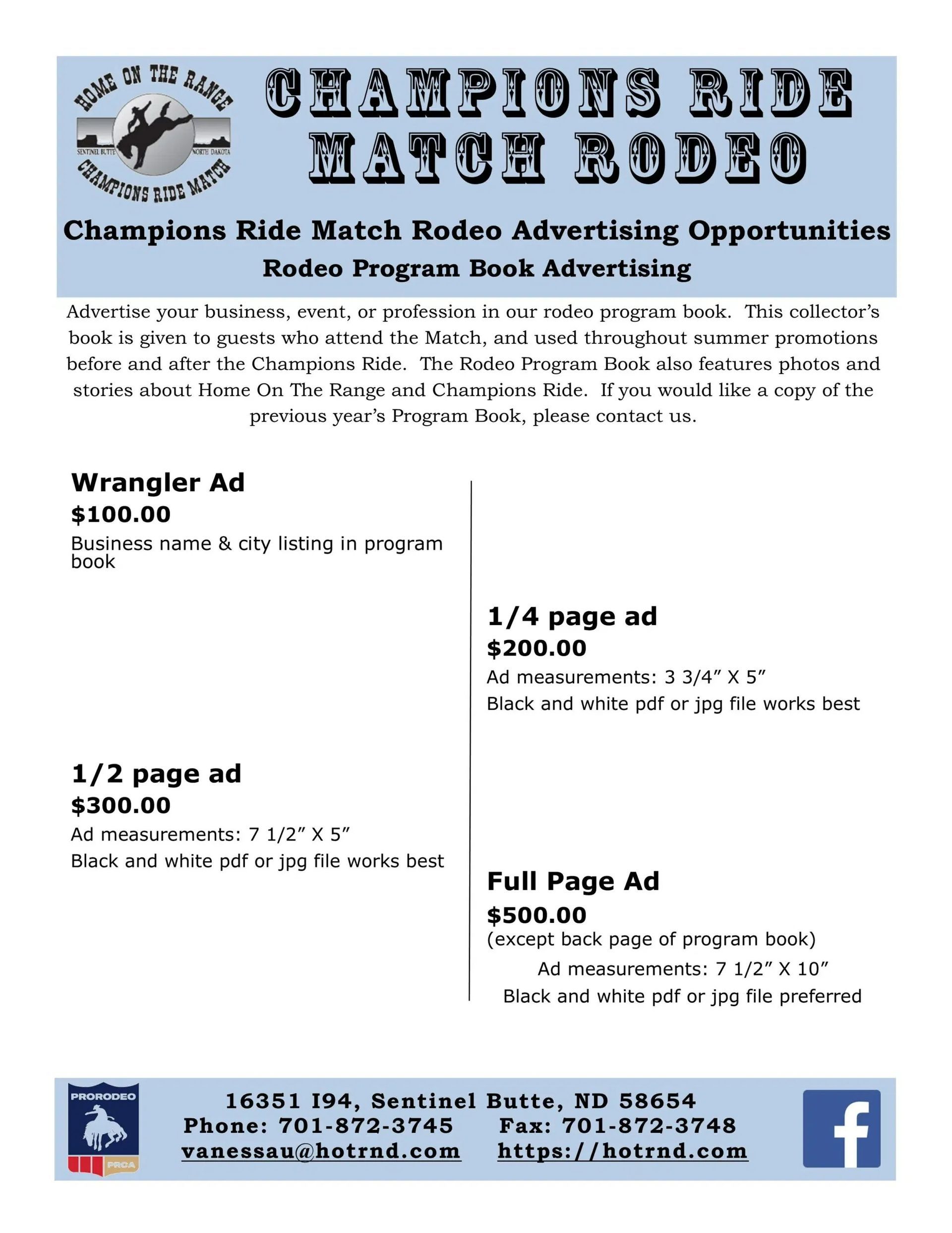Flyer advertising advertising opportunities for the Champions Ride Match Rodeo, including prices and sizes for ad spaces.